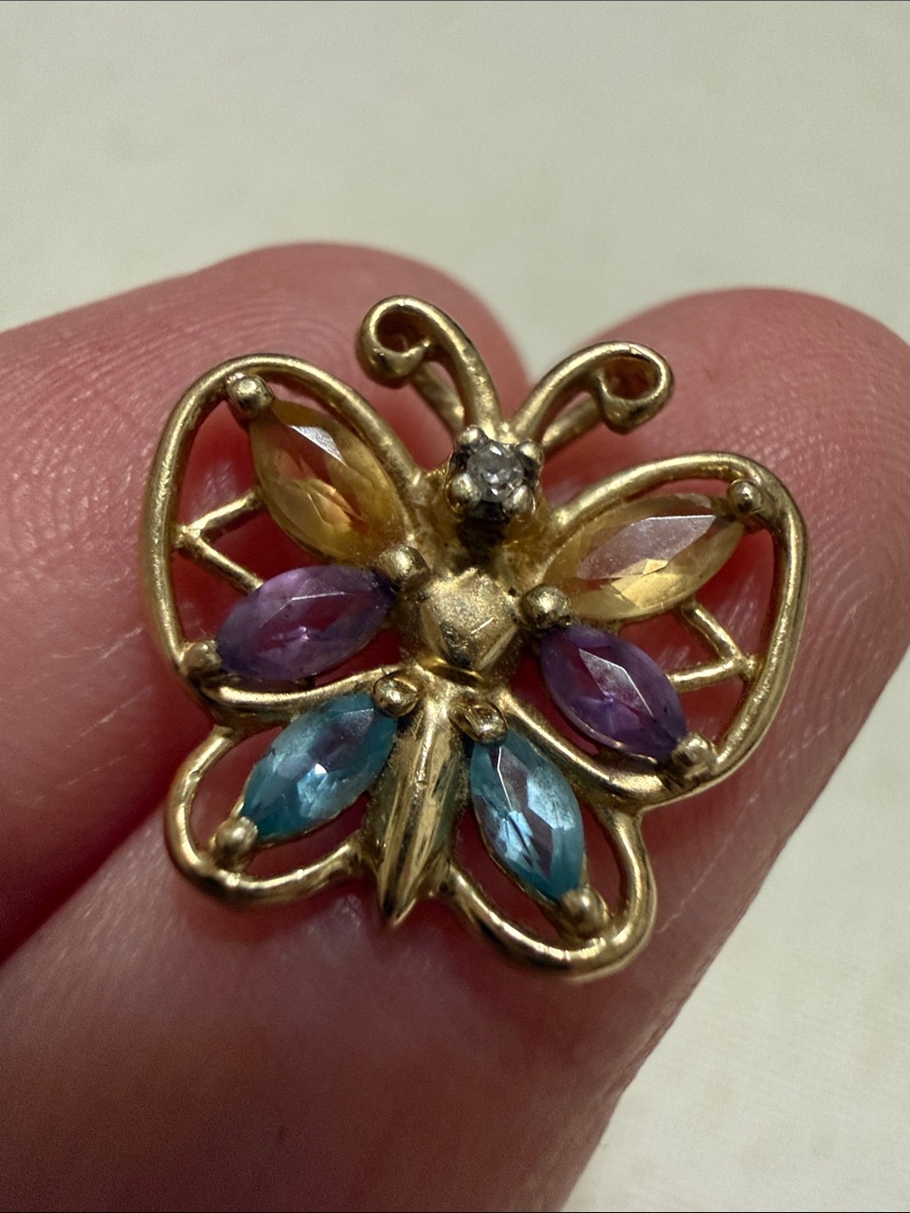 Stunning 10K Gold W/One Diamond 💎 Multicolor Gemstone Butterfly Pendant